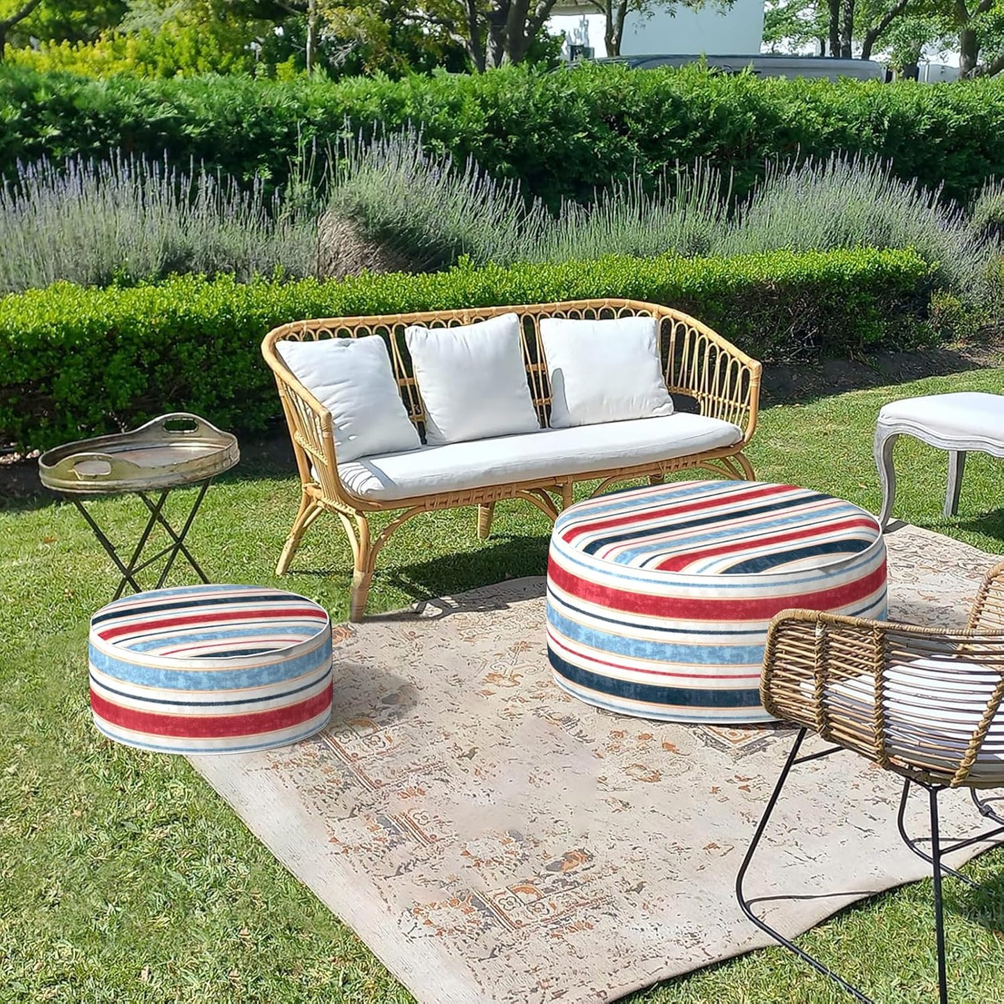 LVTXIII Outdoor Inflatable Ottoman, Fade-Resistant Round Footrest Stool D31”x H14”, Portable Patio Pouf for Garden Camping or Home Use, Stripe Red Blue