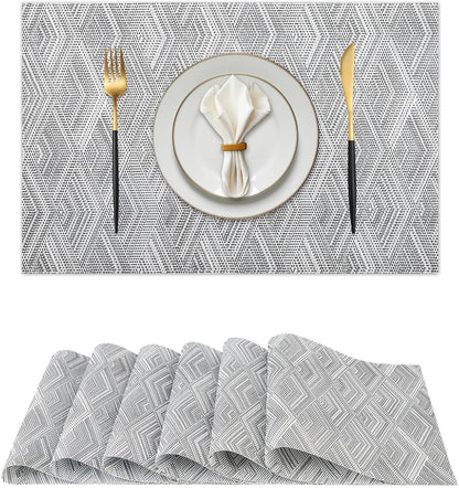 Vinyl Plastic Placemats Set of 6 Washable Heat Resistant Non-Slip Elegant Indoor Outdoor Kitchen Dining PVC Woven Table Place Mats (Grey Rhombus)