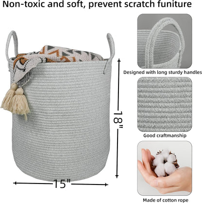 Cotton Rope Laundry Basket Hamper for Clothes Woven Storage Basket for Living Room Bedroom Boho Tall Rope Baskets for Blanket Toys Pillow Towels Baby Nursery Hamper Bin Large light grey