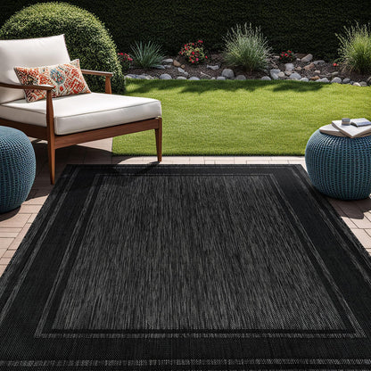 Beverly Rug Outdoor Rug 8x10 Modern Bordered Area Rugs for Indoor and Outdoor Patio Deck Porch Garden Waterproof Weather Sun Resistant Washable Outside Carpet (8 x 10 Black)