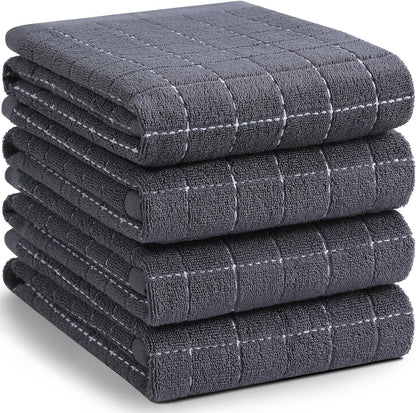 Homaxy 100% Cotton Terry Kitchen Towels(Dark Grey, 20 x 28 inches), Checkered Designed, Soft and Super Absorbent Dish Towels, Large 4 Pack