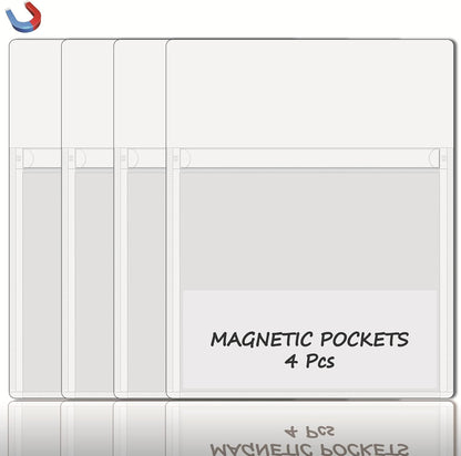 Magnetic Pocket 4 Pack – Self-Adhesive Magnetic Storage Pouch for Documents, Notes & Tools, Strong Magnet Backing for Fridge, Whiteboards, and Metal Surfaces (White 4Pcs)