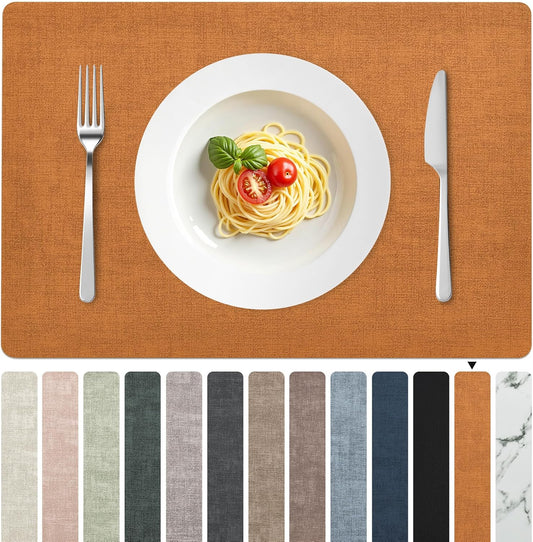 FROMHEART Faux Leather Placemats Set of 6–Waterproof,Heat/Oil Stain-Resistant PU Table Mat–Reversible,Non-Slip,Easy to Clean Place Mats for Kitchen,Dining,Indoor/Outdoor,(Orange-Grey,11.8" x 17")