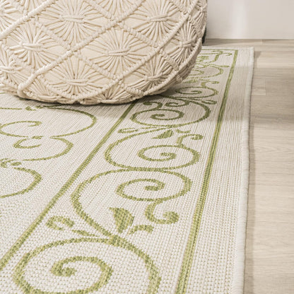 JONATHAN Y Vintage Filigree Indoor Outdoor Runner Rug 2X10 Cream/Green, Charleston Textured Weave for Backyard, Patio, Porch, Easy-Cleaning, High Traffic, Pet-Friendly, Non-Shedding (SMB106I-210)