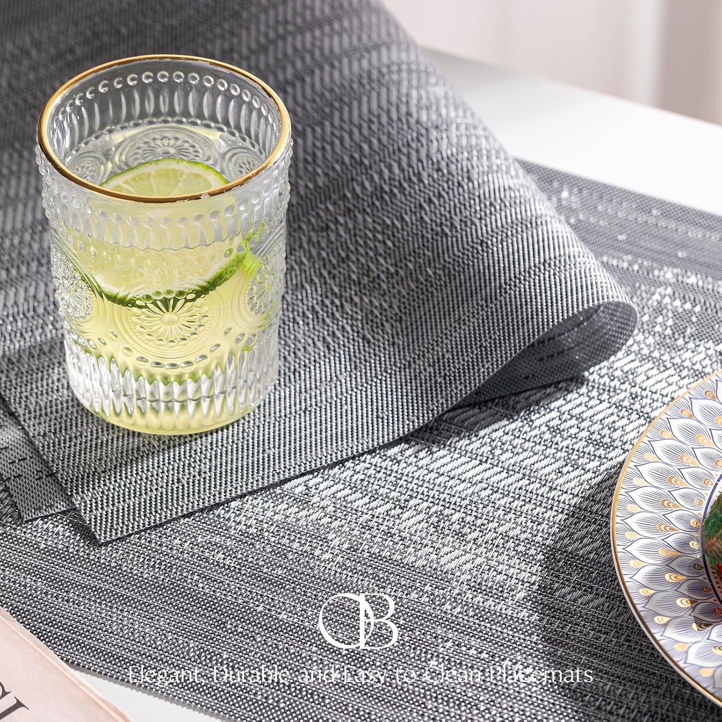 Placemats Set of 12 - Easy Clean Woven Vinyl Placemat for Dining Table, Indoor/Outdoor Place Mats, Washable PVC Table Mats（Gray）