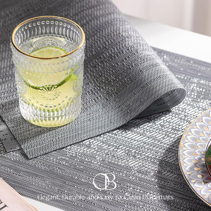 Placemats Set of 6 - Easy Clean Woven Vinyl Placemat for Dining Table, Indoor/Outdoor Place Mats, Washable PVC Table Mats（Gray）