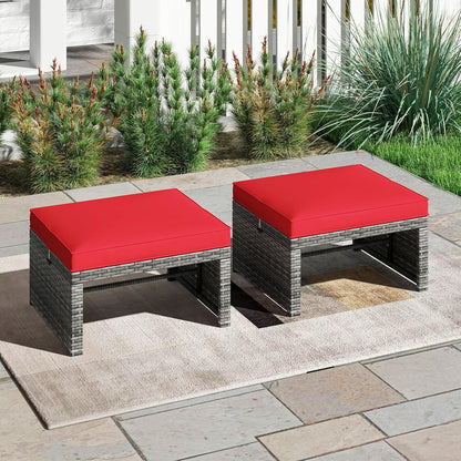 Tangkula 2 Pieces Patio PE Rattan Ottomans, Multipurpose Outdoor Footstool Footrest Additional Seating Side Table with Soft Zippered Cushions for Deck, Garden, and Yard (Red)