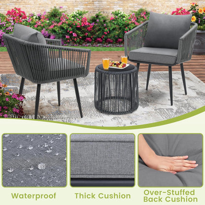 Kromax 3 Pieces Patio Rattan Bistro Conversation Set, Outdoor All-Weather Wicker Furniture Chairs and Side Table Set Ideal for Balcony, Porch and Backyard, Grey