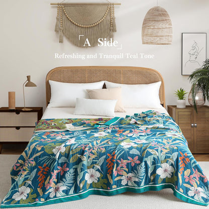 Boho Throw Blanket Full Size, Extra Large Soft Cozy Cotton Muslin Quilt Blanket for Bed Decor, Floral Patterned Couch Sofa Chair Cover, Vintage Farmhouse Cottage Woven Blanket, Teal&Green