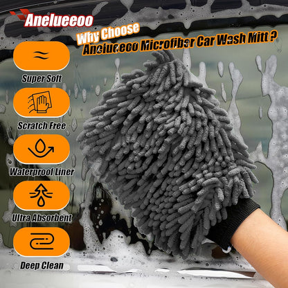 Car Wash Mitt Microfiber, Premium Chenille Microfiber Wash Car Mitts Sponge Scratch Free & Lint-Free, Mitts Waterproof Lining 4 Pack Gray(8''X12'')