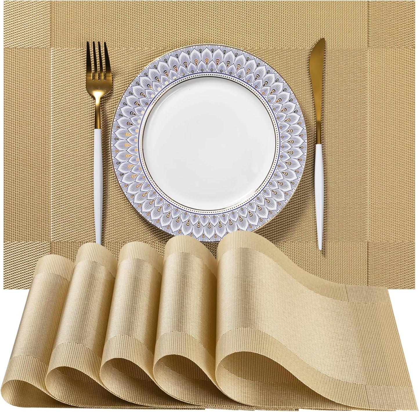 LEXMORE Placemats Set of 8 Vinyl/Plastic Woven Place Mats for Kitchen Table Indoor/Outdoor Washable Placemat Wipeable Dining Table Mats(Gold Cube)