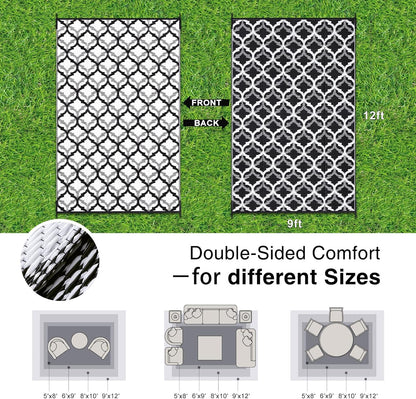 OLANLY Reversible Outdoor Rug 9x12 ft Clearance, Waterproof Outdoor Plastic Straw Rug with Interlacing Pattern, RV Mat for Patio, Camping, Balcony, Deck, Backyard, Black & White