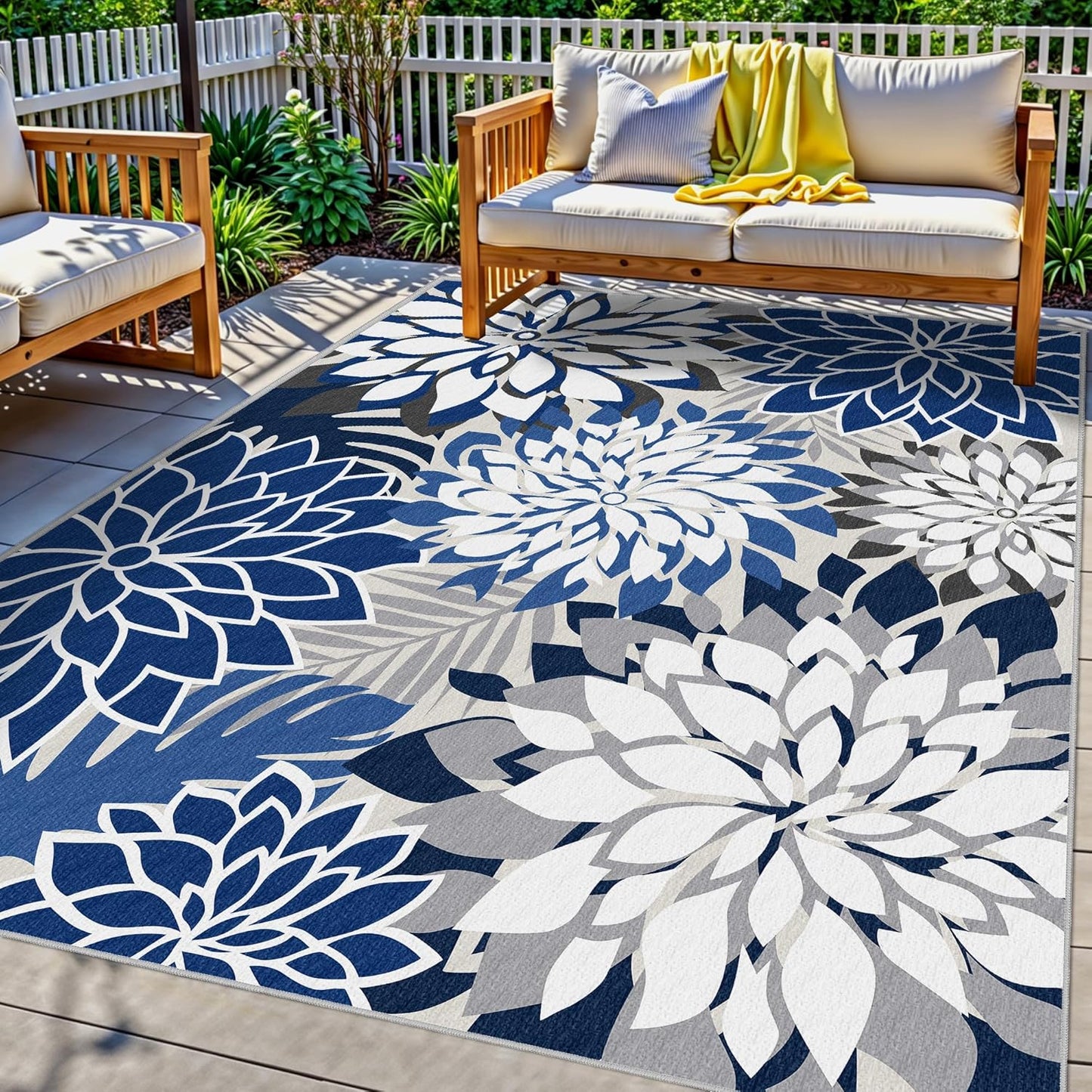 Indoor Outdoor Area Rug Washable Multicolored Patio Rug Tropical Botanical Modern Floral Indoor Outdoor Carpet Blue White Rug Non Slip for Patio, Deck, Backyard, Porch (6x9)