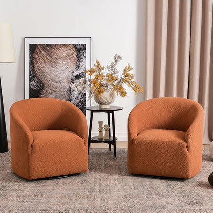 KINWELL 32" Wide Swivel Barrel Chairs Set of 2, Boucle Upholstered Swivel Accent Chairs, Mid-Century 360 Degree Swivel Chairs, No Assembly Round Armchairs for Living Room, Bedroom (Caramel)