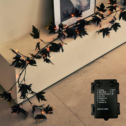 Birchlitland Halloween Black Maple Garland with Lights Timer 48 LED Orange and Warm White Fairy Lights, Battery Operated for Indoor and Outdoor Halloween Party Decoration
