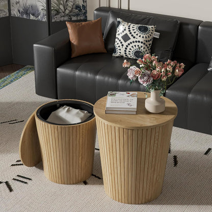 Round Coffee Table Set,2-Piece Modern Farmhouse Living Room End Table Set, Nesting Table Round Natural Finish for Living Room (Wood, 17.72'')