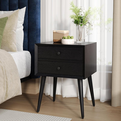 Christopher Knight Home Accent Bedside End Table, Acacia Wood Nightstand Side Table, Storage with 2 Drawers, Mid-Century Nightstand with Solid Wood Leg for Bedroom Dorm and Small Space, Black