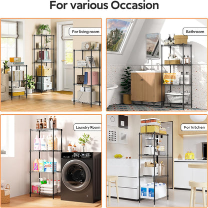 4 Tiers Shelf Metal Storage Shelves Wire Rack Closet Organizers with Wheel for Garage Kitchen Bathroom Laundry Black 11.8" D x 17.7" W x 41.9" H