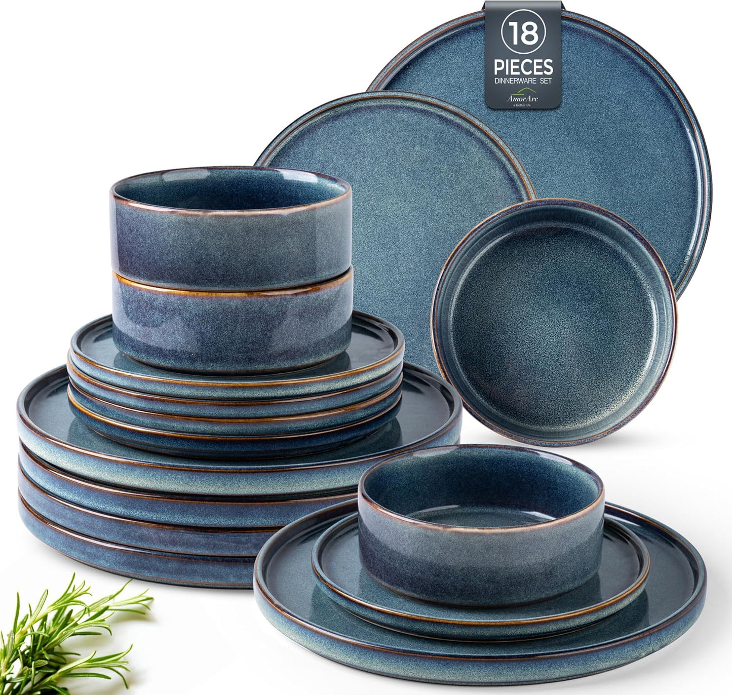 AmorArc Ceramic Dinnerware Sets, Handmade Reactive Glaze Stoneware Plates and Bowls Sets,Highly Chip and Crack Resistant | Dishwasher & Microwave Safe Dishes Set, Service for 6 (18pc)