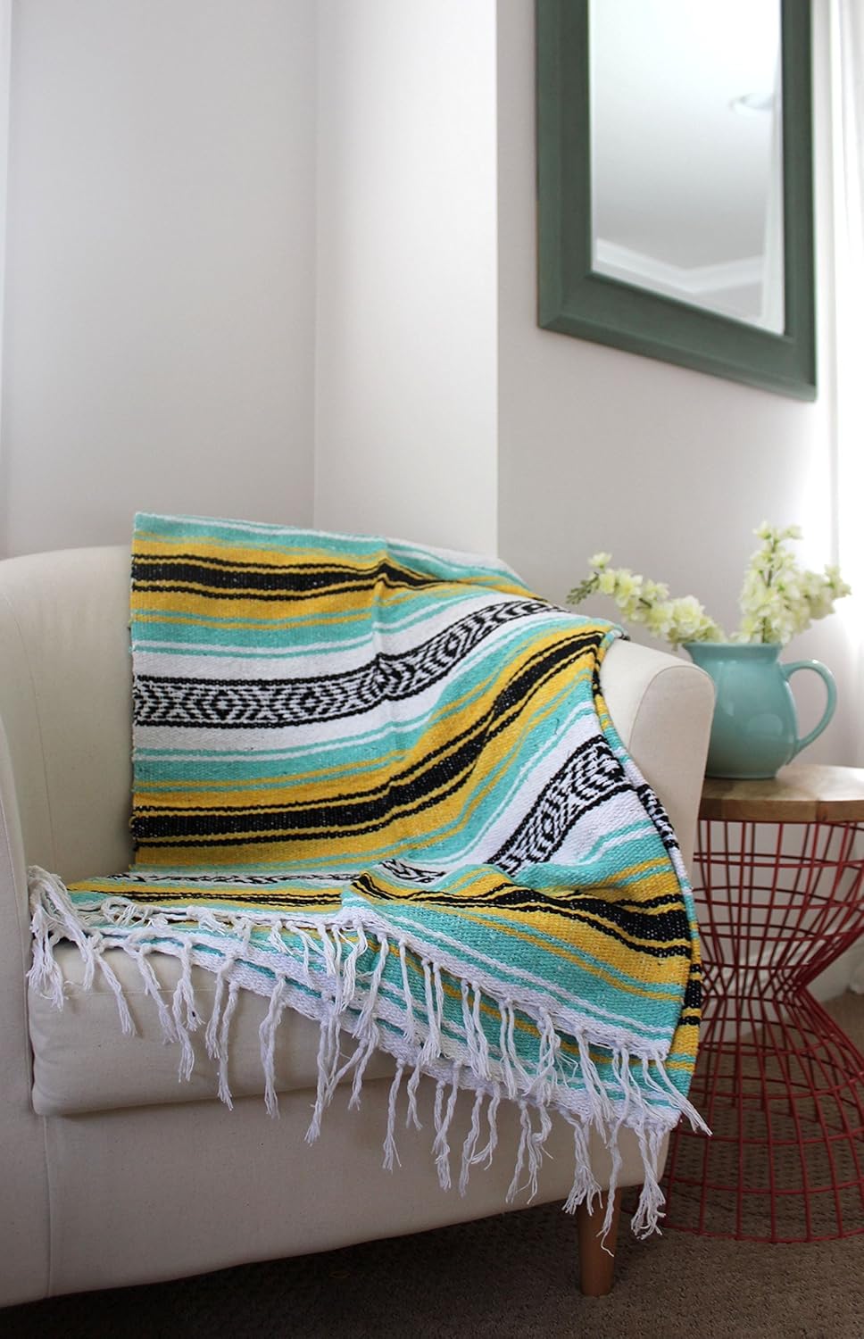 Del Mex Classic Mexican Blanket, Large Authentic Woven Falsa Throw (70"x50"), Artisan Southwest Décor for Beach, Yoga, Outdoors (Mint/Yellow)