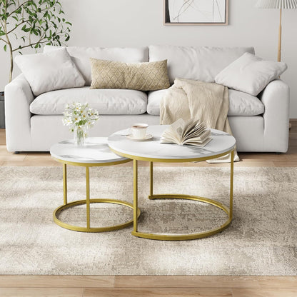 Smuxee White Nesting Coffee Table Set of 2, 27.6" Round Coffee Table Wooden Marble Pattern with Adjustable Non-Slip Feet, Industrial End Table for Living Room Bedroom Balcony