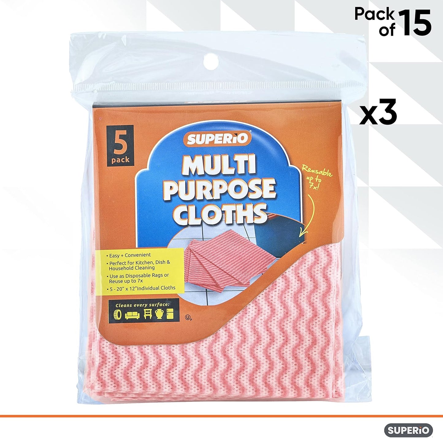 Superio Handy Wipes For Kitchen - Red Reusable Multi-Purpose Heavy-Duty Cleaning cloth for house, Bathroom, and office. Disposable Dish Towel (15)