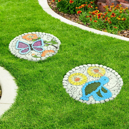 Garden Stepping Stones Set of 2 Butterfly Outdoor Garden Decor 10 inch Round Decorative Stones Pavers for Garden Walkway Landscaping, Hummingbird Gifts (N6-YYD334)