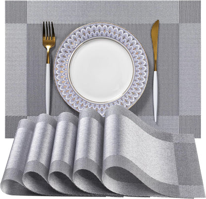LEXMORE Placemats Set of 12 Vinyl/Plastic Woven Place Mats for Kitchen Table Indoor/Outdoor Washable Placemat Wipeable Dining Table Mats(G-Silver Cube)