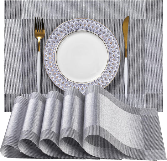 LEXMORE Placemats Set of 12 Vinyl/Plastic Woven Place Mats for Kitchen Table Indoor/Outdoor Washable Placemat Wipeable Dining Table Mats(G-Silver Cube)