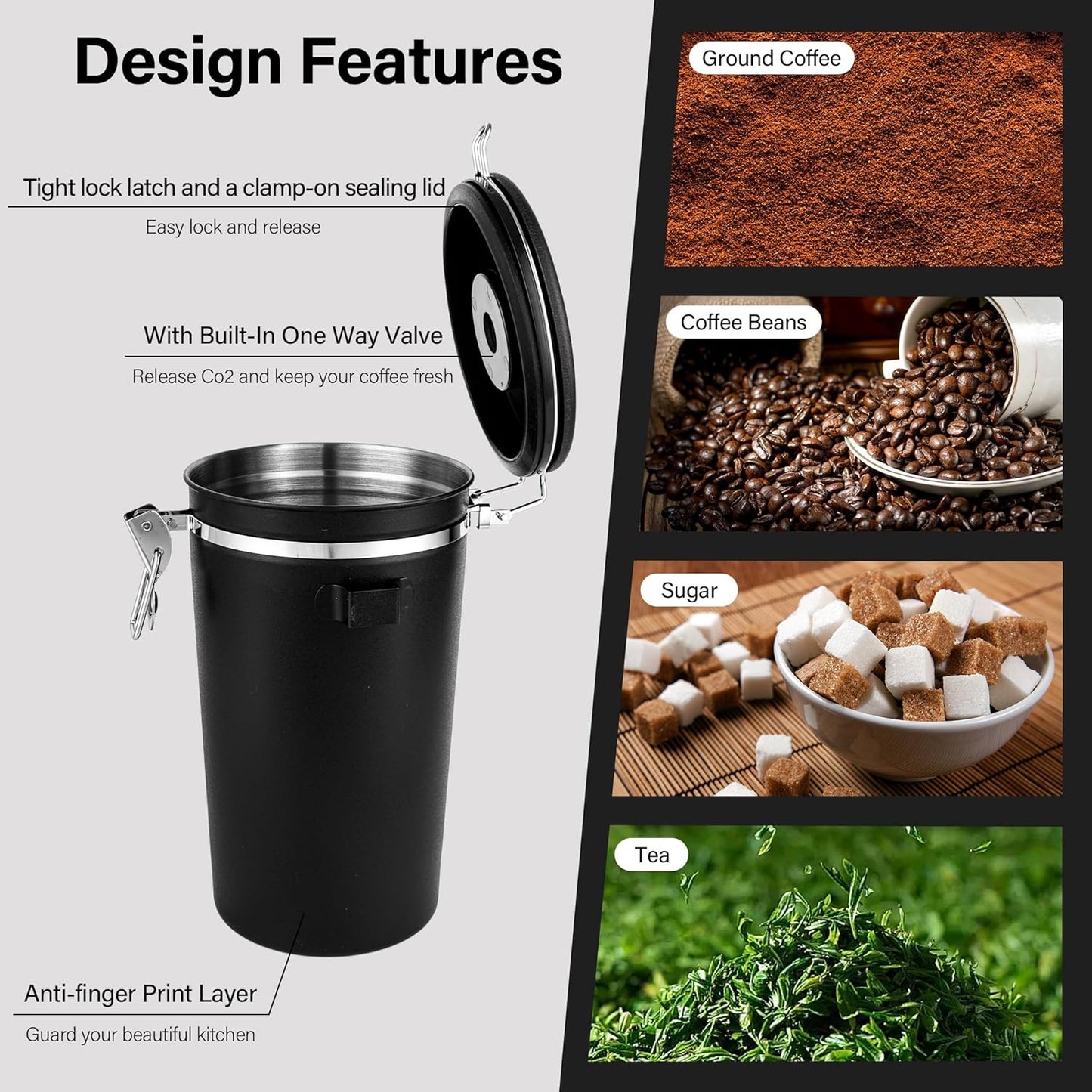 malmo Coffee Canister Set of 3, Airtight Coffee Container with Date Tracker Lid, Stainless Steel Canister for Kitchen Food Storage (Black, 180oz)