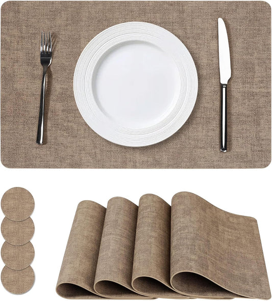 Vinyl Placemats Set of 4, Faux Leather Waterproof and Heat Resistant Place Mats, Washable Anti-Slip Table Mats with Coaster, Wipeable Placemats for Indoor & Outdoor 17" x 12" (Light Coffee, Set of 4)
