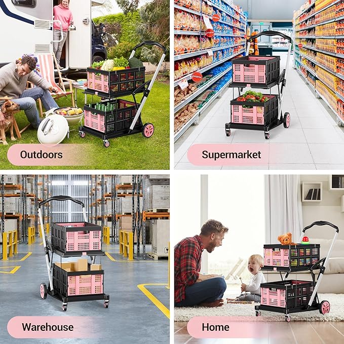 Collapsible Shopping Cart, 8-in-1 200LBS Multi Functional Utility Cart with 2 Storage Crate,Adjustable Handle Grocery Cart on Wheels for Shopping/Warehouse/Office/Supermarket