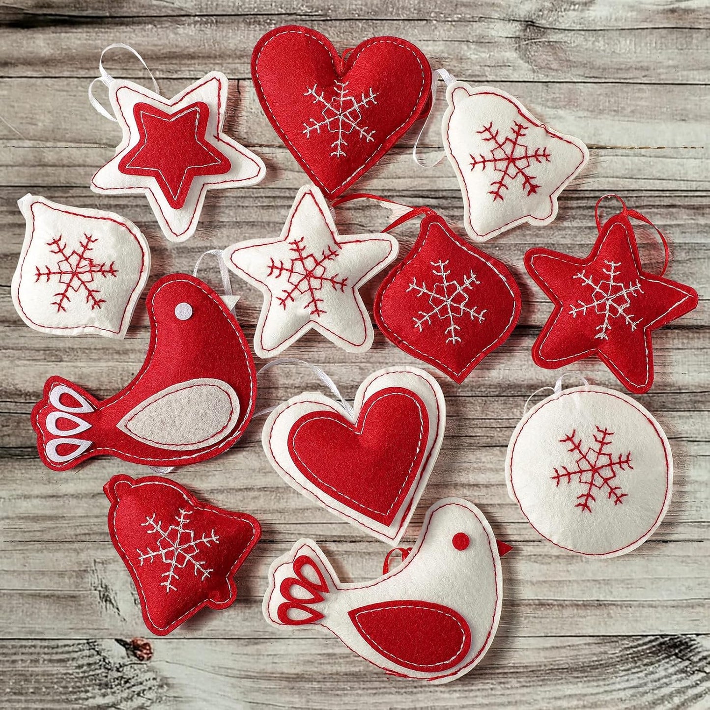 12 Pcs Christmas Felt Ornaments for Tree 3D Snowflake Hanging Decorations Classic Red White Hanging Felt Craft for Christmas Party Favors Gifts