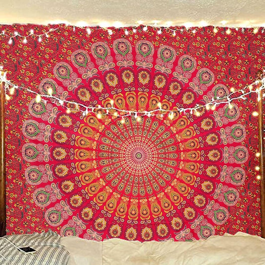 raajsee Red Tapestry Mandala Wall Hangings, Indian Cotton Beach Throw Blanket, Hippie Tapestries Boho Décor Bohemian Bedding,Queen Bedspread 210x220 cms cms Yoga Meditation Mat Rugs