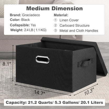 Medium 15" 21 Quart Collapsible Stackable Storage Bins with Lids, 3 Packs Black Foldable Fabric Closet Boxes Heavy-duty Lidded Linen Cube Basket Container Organizer and Storage for Bedroom