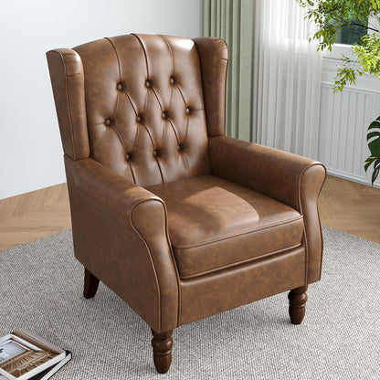 High Back Accent Chair,Upholstered Faux Leather Wingback Armchair with Solid Wood Legs for Small Spaces,Comfy Single Sofa Chair for Living Room,Bedroom,Office-Brown