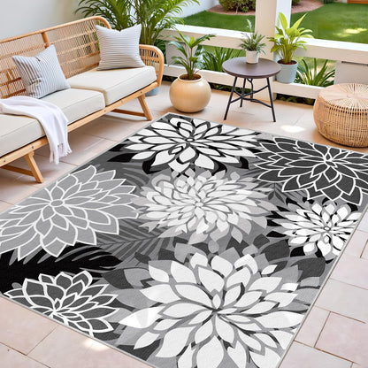 Indoor Outdoor Area Rug Washable Multicolored Rug Tropical Botanical Modern Floral Indoor Outdoor Carpet Black White Rug Non Slip Non Shedding for Patio, Deck, Backyard, Porch (5x8)
