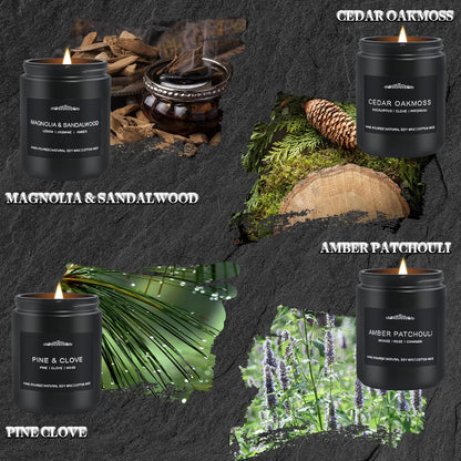 Scented Candle Set for Men, 4 Pack Black Jar Candles with Manly Scents – Amber Patchouli, Magnolia Sandalwood, Cedar Oakmoss, Pine Clove, Soy Wax Aromatherapy Gift for Him, Dad, Husband, Father's Day
