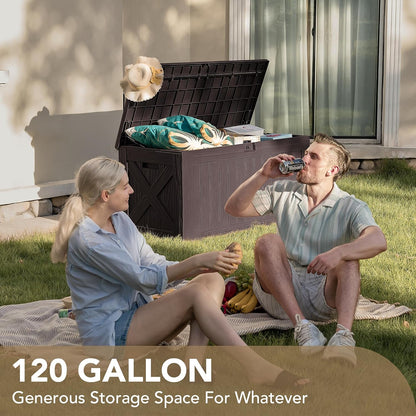 Devoko 120 Gallon Deck Box Resin Outdoor Storage Box Waterproof for Patio, Large Outdoor Storage Bench Lockable for Outside (Deep Brown)