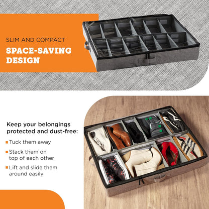 storageLAB Slim Under Bed Storage Containers, Closet Organizers with Sturdy Handles for Clothes, Comforters, and Accessories, Use Under or at the End of the Bed - 2 Pack, Dark Grey