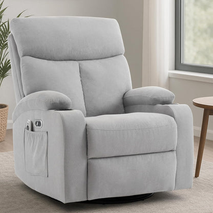 Swivel Power Recliner Chair for Adults with Full Body Massage, Electric Rocker Recliner Chairs for Living Room with USB and Type-C Ports, Fabric Rocking Reclining Sofa Chair (LightGrey)
