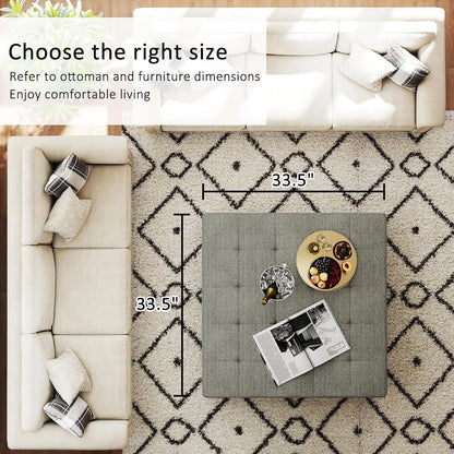 Large Square Ottoman Coffee Table, Linen Solid Upholstered Footrest Ottoman with Solid Wood Shelf Storage Tufted Coffee Table for Bedroom Living Room, Granite