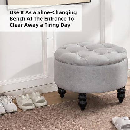 Fabric Round Ottoman with Storage, Upholstered Tufted Storage Footstool, Modern Wooden Coffee Table for Living Room, Bedroom,Light Grey