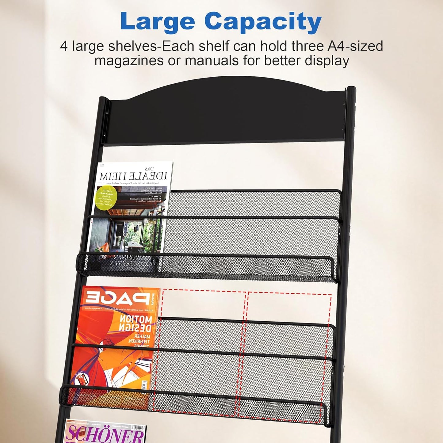 Brochure Display Stand 4 Layer Floor-Standing Magazine Rack Literature Newspaper Catalog Display Holder with Wheels and Top Billboard for Exhibitions,School, Hotel, Hospitals, Offices (Black)