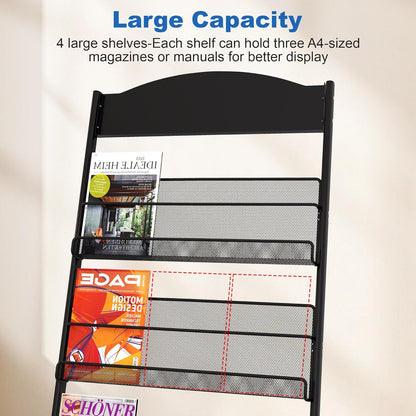Brochure Display Stand 4 Layer Floor-Standing Magazine Rack Literature Newspaper Catalog Display Holder with Wheels and Top Billboard for Exhibitions,School, Hotel, Hospitals, Offices (Black)
