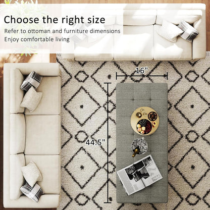 Large Rectangular Upholstered Ottoman Bench, Linen Tufted Footrest Ottoman with Solid Wood Shelf Storage Coffee Table for Bedroom Living Room, Granite