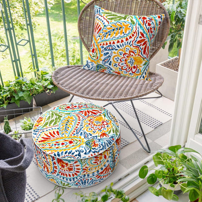 Inflatable Ottoman Stool D21 xH9 for Outdoor/Indoor Use, Water Repellent Patio Foot Rest Stool with Portable Handle,Round Pouf Ottoman Suitable for Garden,Deck and Camping - Paisley Multi