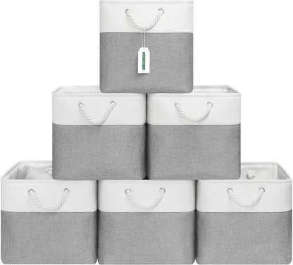 13x13 Inch Cube Storage Bins with Reinforced Bottom Cardboard, 6 Pack Large Collapsible Fabric Storage Cubes with Handles for Shelf, Closet, Toy, Laundry Organization (White&Gray)
