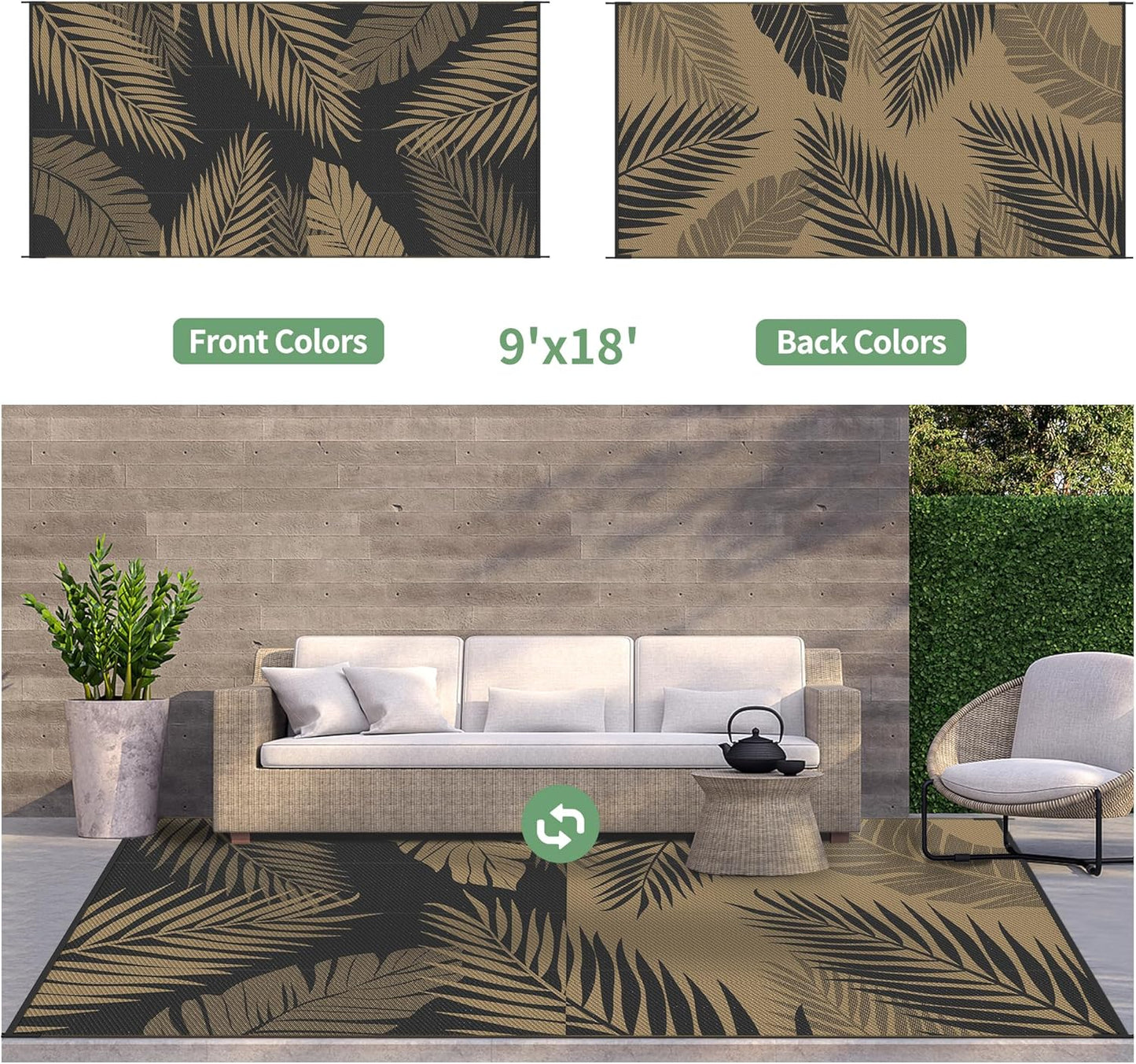 GENIMO Outdoor Rug 9' x 18' Waterproof for Patios Clearance, Reversible Outdoor Plastic Straw Camping Rug Carpet, Large Area Rugs Mats for RV, Camper, Deck, Balcony, Porch, Beach, Picnic, Black&Brown