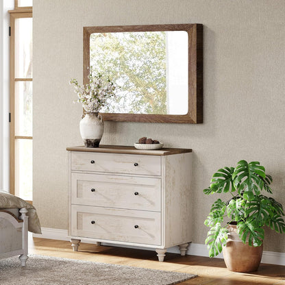 WAMPAT Baby Dresser for Bedroom with 3 Drawers, Kids Dressers with Wide Chest of Drawers, Farmhouse Wooden Closet Storage Organizer, Small Dressers for Living Room, Nursery, Hallway, Rustic White